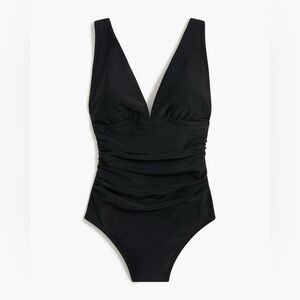 J.CREW Ruched One Piece Swimsuit Large Black Plunge Neckline Flattering Fit NWT